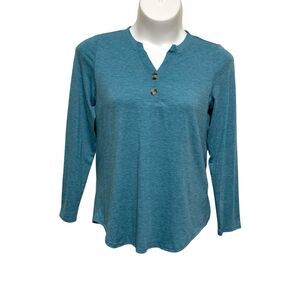 Wynnque Top T-Shirt Womens Size Large Green Long Sleeve 1/4 Button-Up Henley
